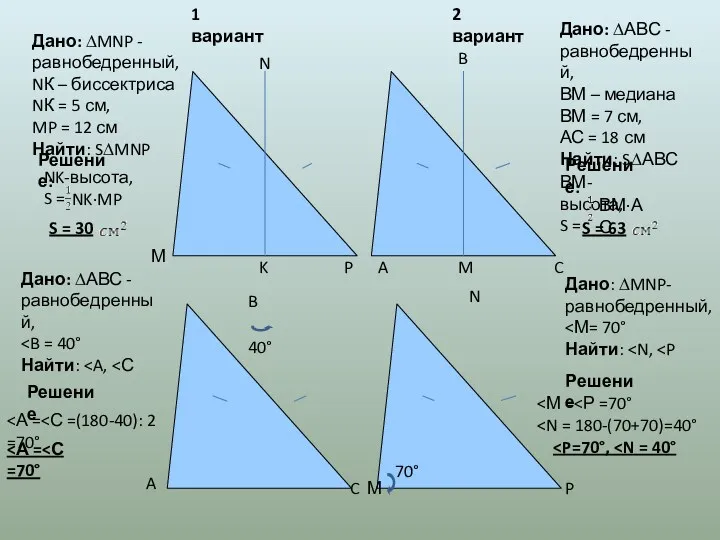 40° 70° A B C Дано: ∆MNP - равнобедренный, NК – биссектриса NК