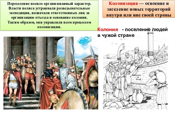 Переселение носило организованный характер. Власти полиса устраивали разведывательные экспедиции, назначали ответственных лиц за