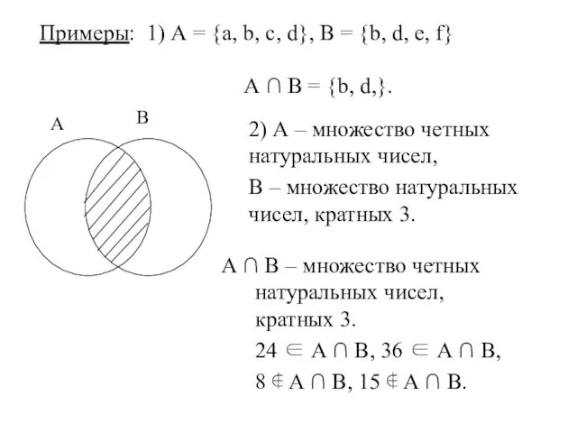 Примеры: 1) А = {а, b, с, d}, В = {b, d, е,