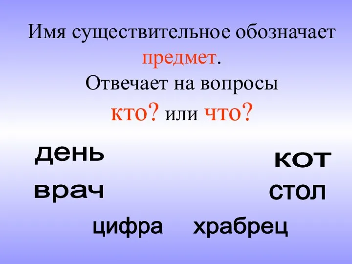 Имя существительное обозначает предмет. Отвечает на вопросы кто? или что? день врач цифра храбрец кот стол