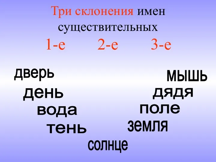 Три склонения имен существительных 1-е 2-е 3-е дверь тень земля вода поле солнце мышь день дядя