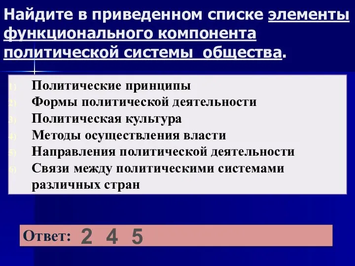 Найдите в приведенном списке элементы функционального компонента политической системы общества. 2 4 5