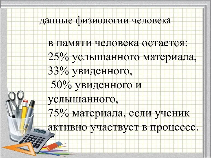 данные физиологии человека в памяти человека остается: 25% услышанного материала,