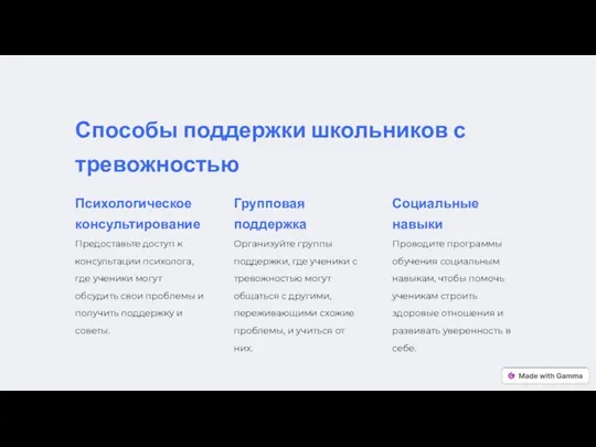 Способы поддержки школьников с тревожностью Психологическое консультирование Предоставьте доступ к