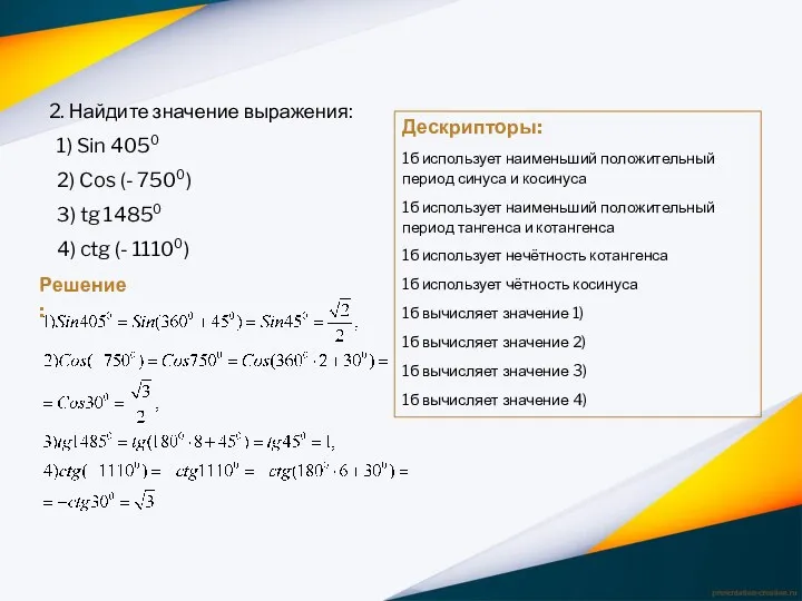 2. Найдите значение выражения: 1) Sin 4050 2) Cos (-