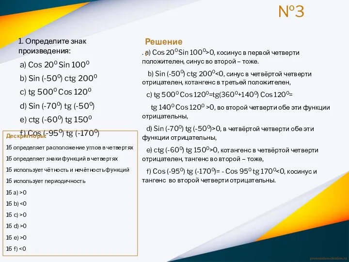 №3 1. Определите знак произведения: a) Cos 200 Sin 1000