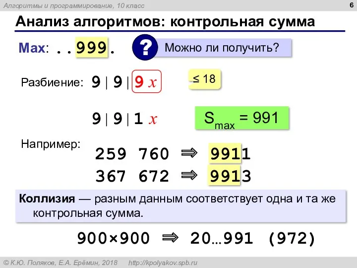 Анализ алгоритмов: контрольная сумма Max: ..999. Коллизия — разным данным