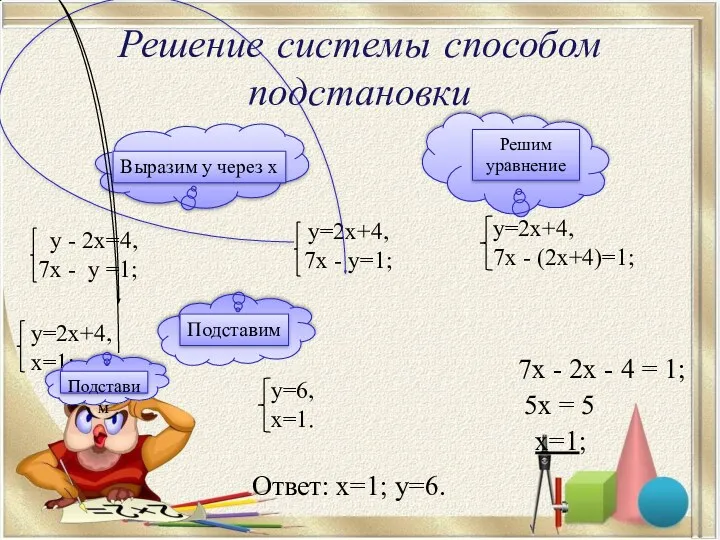 Решение системы способом подстановки 7х - 2х - 4 =