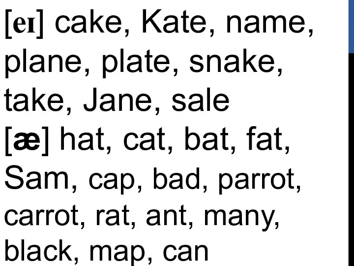 [eɪ] cake, Kate, name, plane, plate, snake, take, Jane, sale