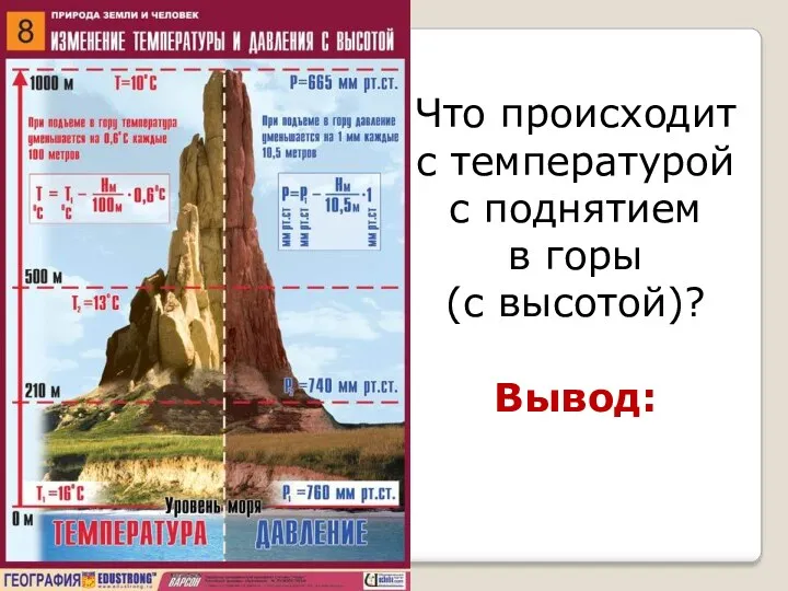 Что происходит с температурой с поднятием в горы (с высотой)? Вывод: