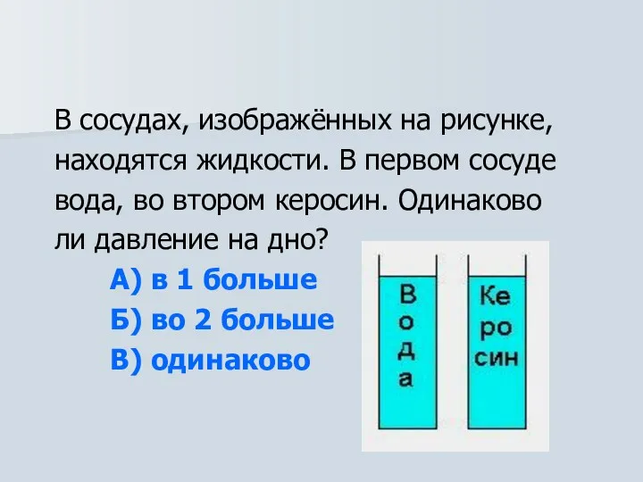 В сосудах, изображённых на рисунке, находятся жидкости. В первом сосуде