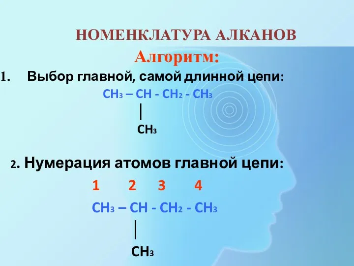 НОМЕНКЛАТУРА АЛКАНОВ Алгоритм: Выбор главной, самой длинной цепи: CH3 –