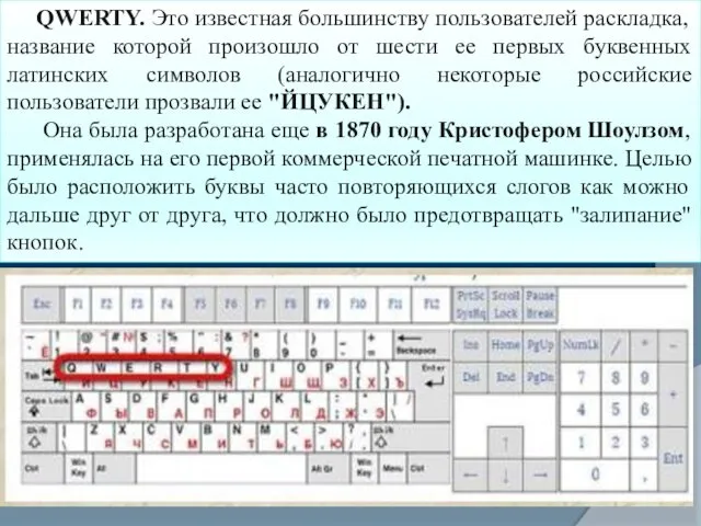 QWERTY. Это известная большинству пользователей раскладка, название которой произошло от шести ее первых