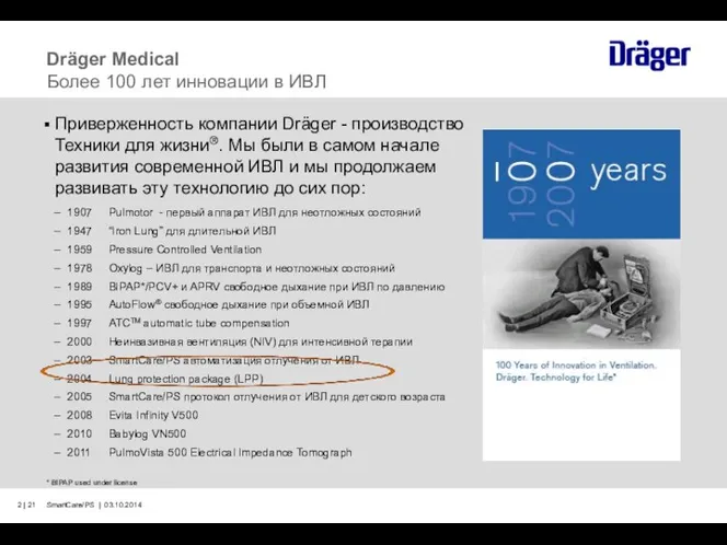 SmartCare/PS | 03.10.2014 | 21 Dräger Medical Более 100 лет
