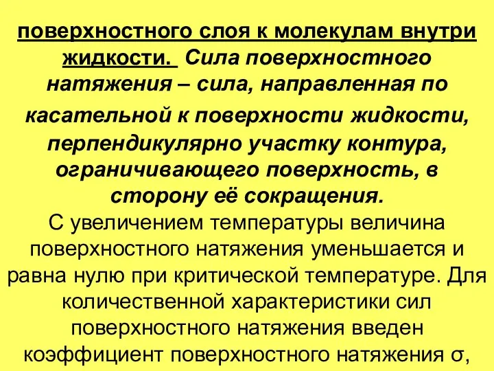 поверхностного слоя к молекулам внутри жидкости. Сила поверхностного натяжения –