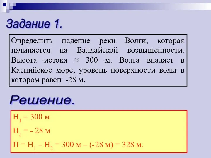 Задание 1. Определить падение реки Волги, которая начинается на Валдайской