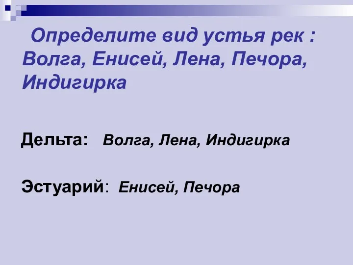 Определите вид устья рек : Волга, Енисей, Лена, Печора, Индигирка