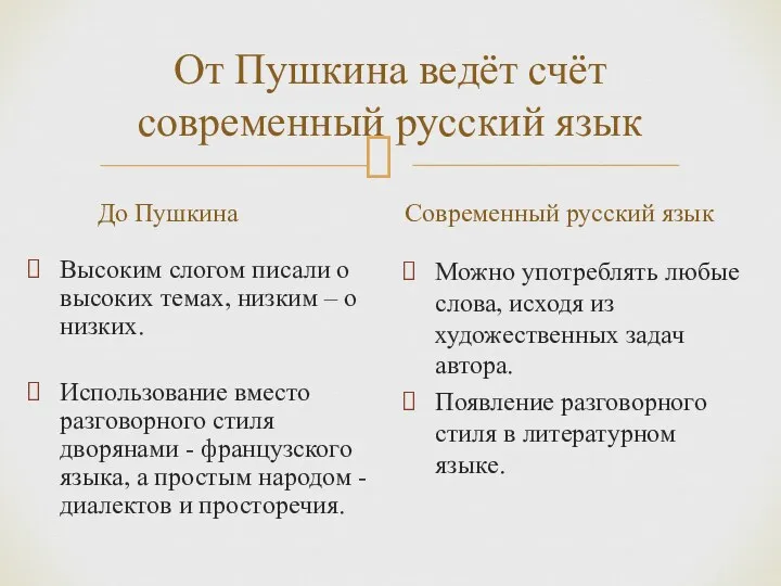 От Пушкина ведёт счёт современный русский язык До Пушкина Высоким
