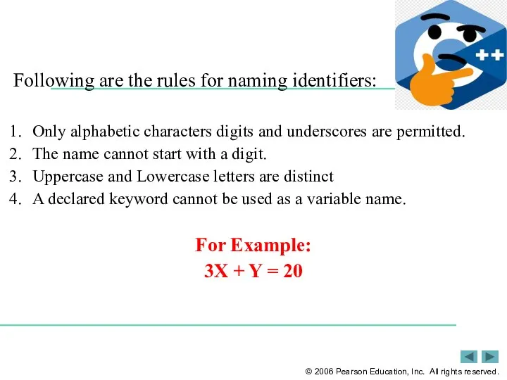 Following are the rules for naming identifiers: Only alphabetic characters