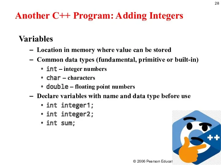 Another C++ Program: Adding Integers Variables Location in memory where