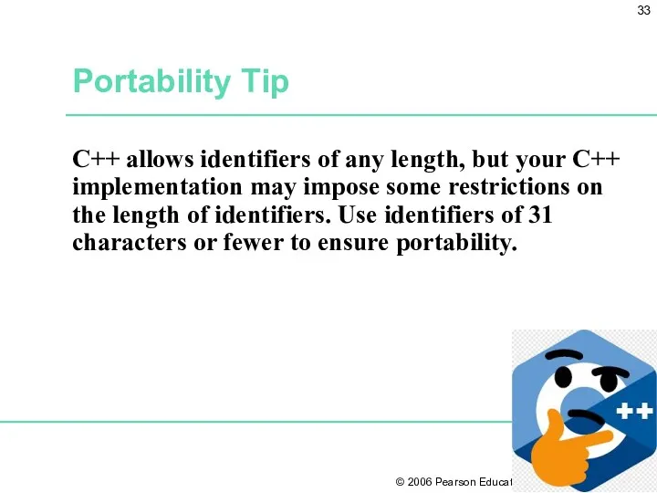 Portability Tip C++ allows identifiers of any length, but your