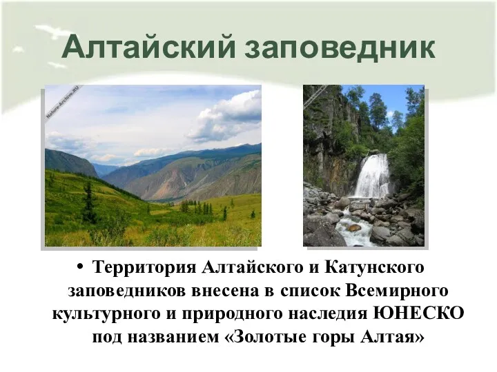 Алтайский заповедник Территория Алтайского и Катунского заповедников внесена в список