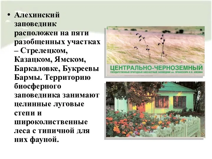 Алехинский заповедник расположен на пяти разобщенных участках – Стрелецком, Казацком,