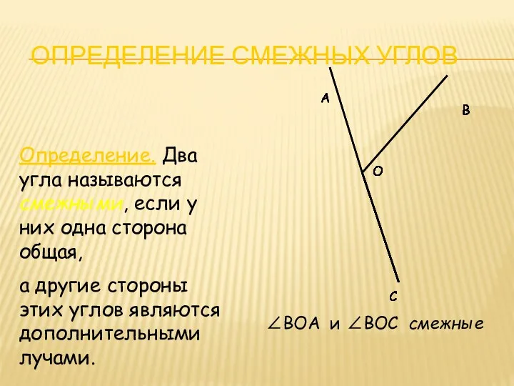 ОПРЕДЕЛЕНИЕ СМЕЖНЫХ УГЛОВ Определение. Два угла называются смежными, если у