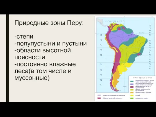 Природные зоны Перу: -степи -полупустыни и пустыни -области высотной поясности