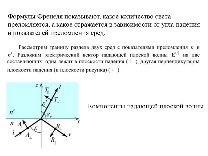 Формулы Френеля показывают, какое количество света преломляется, а какое отражается