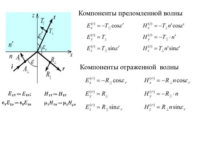 Компоненты преломленной волны Компоненты отраженной волны