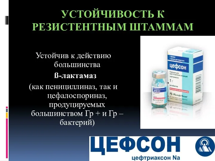 Устойчив к действию большинства ß-лактамаз (как пенициллиназ, так и цефалоспориназ,