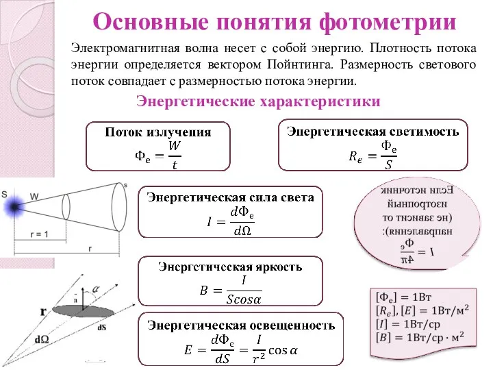 Основные понятия фотометрии Электромагнитная волна несет с собой энергию. Плотность потока энергии определяется