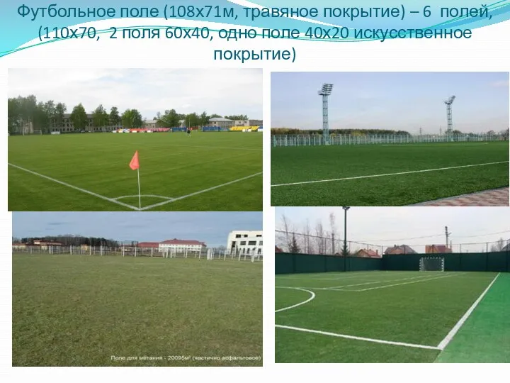 Футбольное поле (108х71м, травяное покрытие) – 6 полей, (110х70, 2 поля 60х40, одно