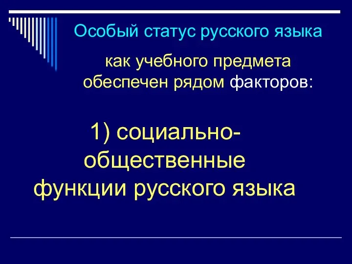 Особый статус русского языка как учебного предмета обеспечен рядом факторов: 1) социально-общественные функции русского языка