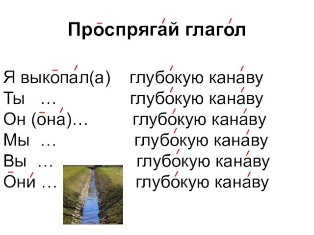 Проспрягай глагол Я выкопал(а) глубокую канаву Ты … глубокую канаву