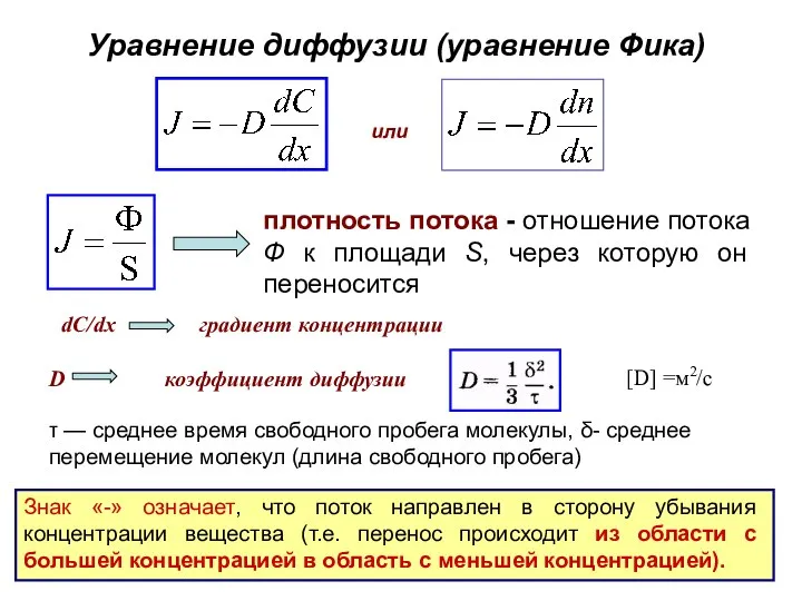 Уравнение диффузии (уравнение Фика) плотность потока - отношение потока Ф