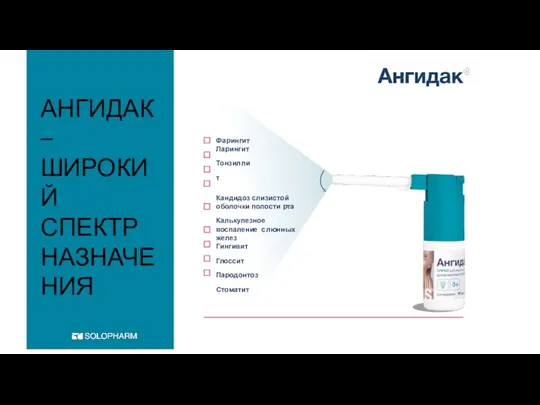 АНГИДАК – ШИРОКИЙ СПЕКТР НАЗНАЧЕНИЯ Фарингит Ларингит Тонзиллит Кандидоз слизистой