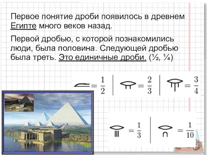 Первое понятие дроби появилось в древнем Египте много веков назад.