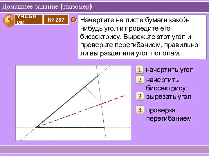 Домашнее задание (глазомер) 1 начертить угол 2 начертить биссектрису 3 вырезать угол 4 проверка перегибанием