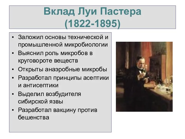 Вклад Луи Пастера (1822-1895) Заложил основы технической и промышленной микробиологии