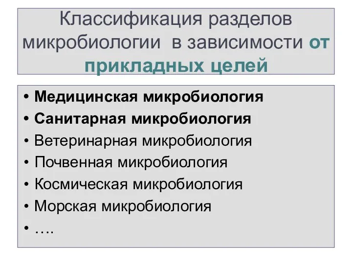 Классификация разделов микробиологии в зависимости от прикладных целей Медицинская микробиология