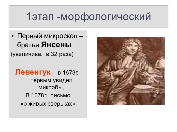 1этап -морфологический Первый микроскоп – братья Янсены (увеличивал в 32