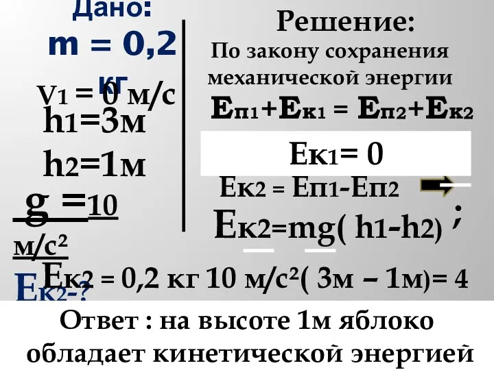 Дано: m = 0,2 кг h2=1м h1=3м Решение: Еп1+Ек1 = Еп2+Ек2 Ек2=mg( h1-h2)