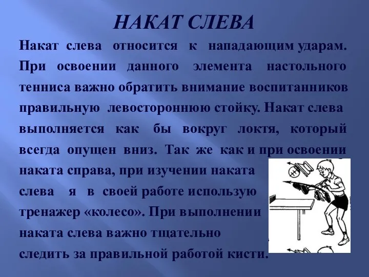 НАКАТ СЛЕВА Накат слева относится к нападающим ударам. При освоении