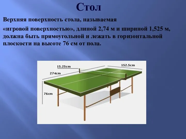 Стол Верхняя поверхность стола, называемая «игровой поверхностью», длиной 2,74 м