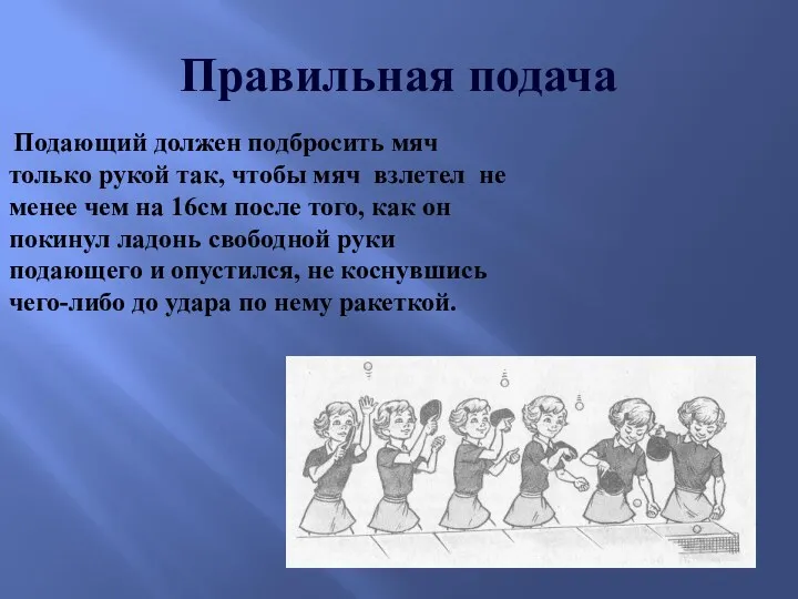 Правильная подача Подающий должен подбросить мяч только рукой так, чтобы