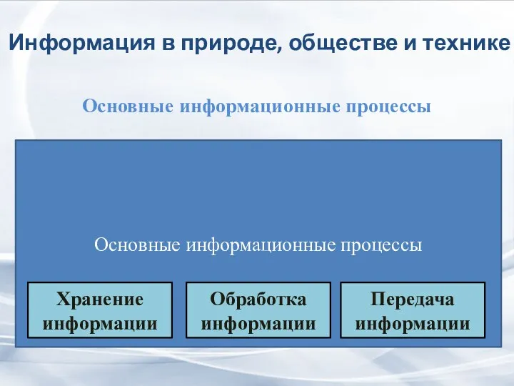 Основные информационные процессы Информация в природе, обществе и технике