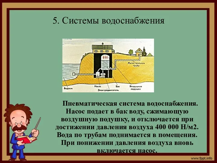 5. Системы водоснабжения Пневматическая система водоснабжения. Насос подает в бак