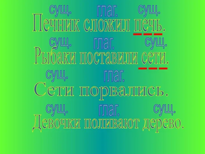 Печник сложил печь. Сети порвались. Рыбаки поставили сети. Девочки поливают